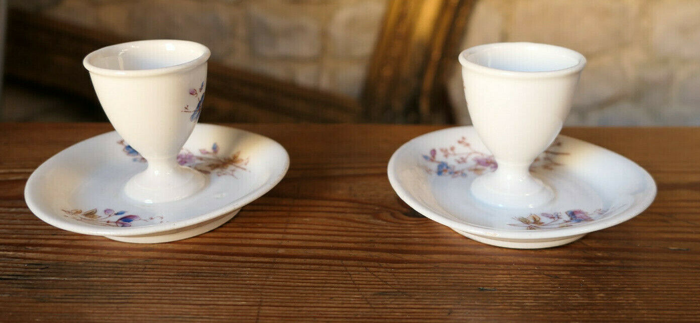 ANCIEN COQUETIER AVEC COUPELLE DECOR FLORAL PEINT A LA MAIN HANDPAINTED EGGCUP
