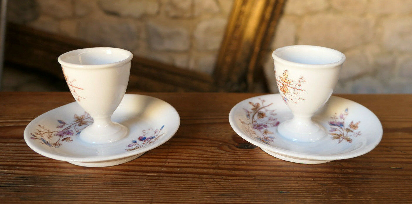 ANCIEN COQUETIER AVEC COUPELLE DECOR FLORAL PEINT A LA MAIN HANDPAINTED EGGCUP