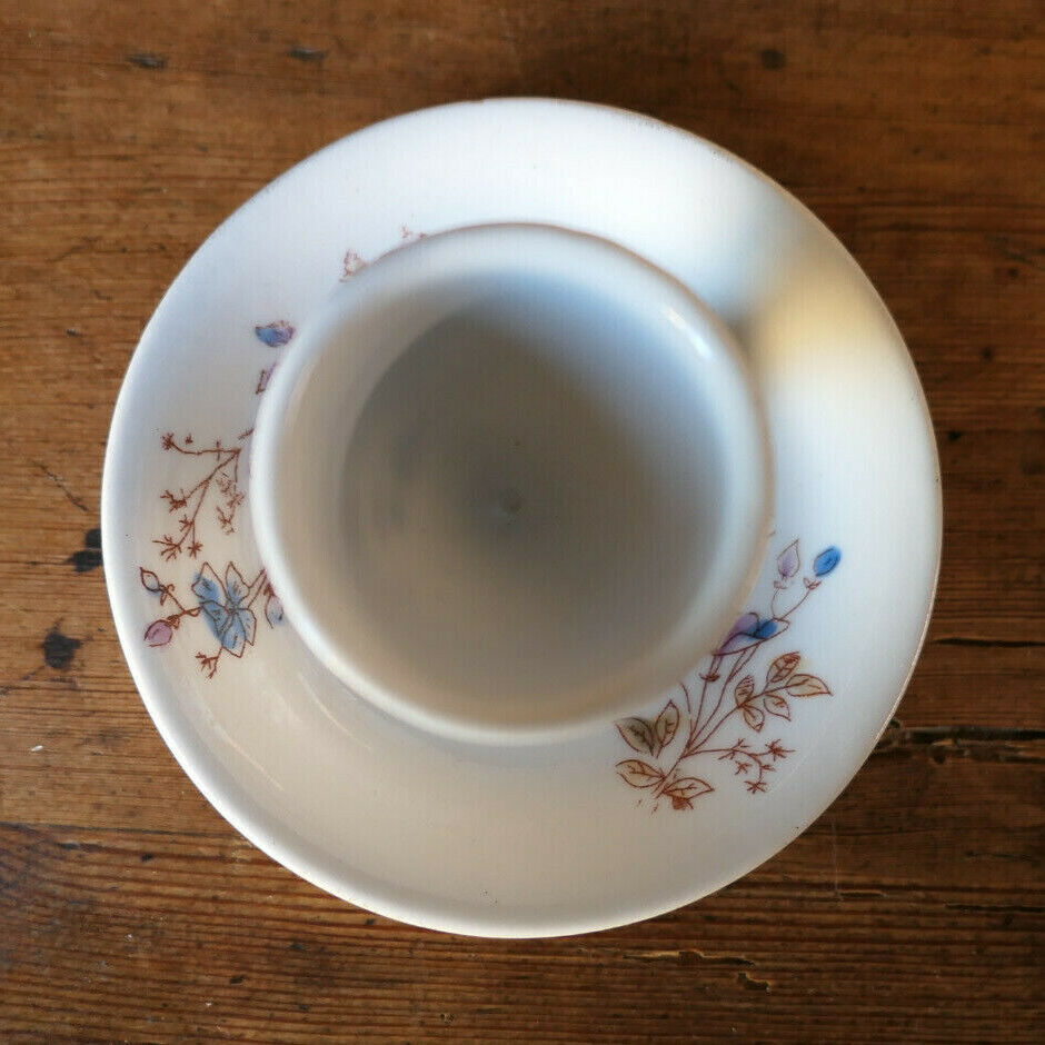 ANCIEN COQUETIER AVEC COUPELLE DECOR FLORAL PEINT A LA MAIN HANDPAINTED EGGCUP