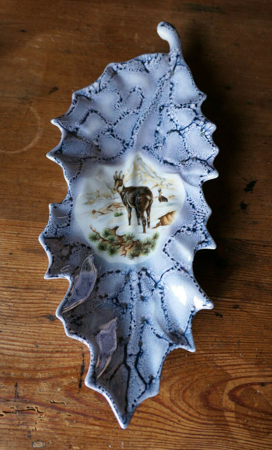 RAVIER EN PORCELAINE FORME FEUILLE LUSSERAY DECOR SECQUEVILLE