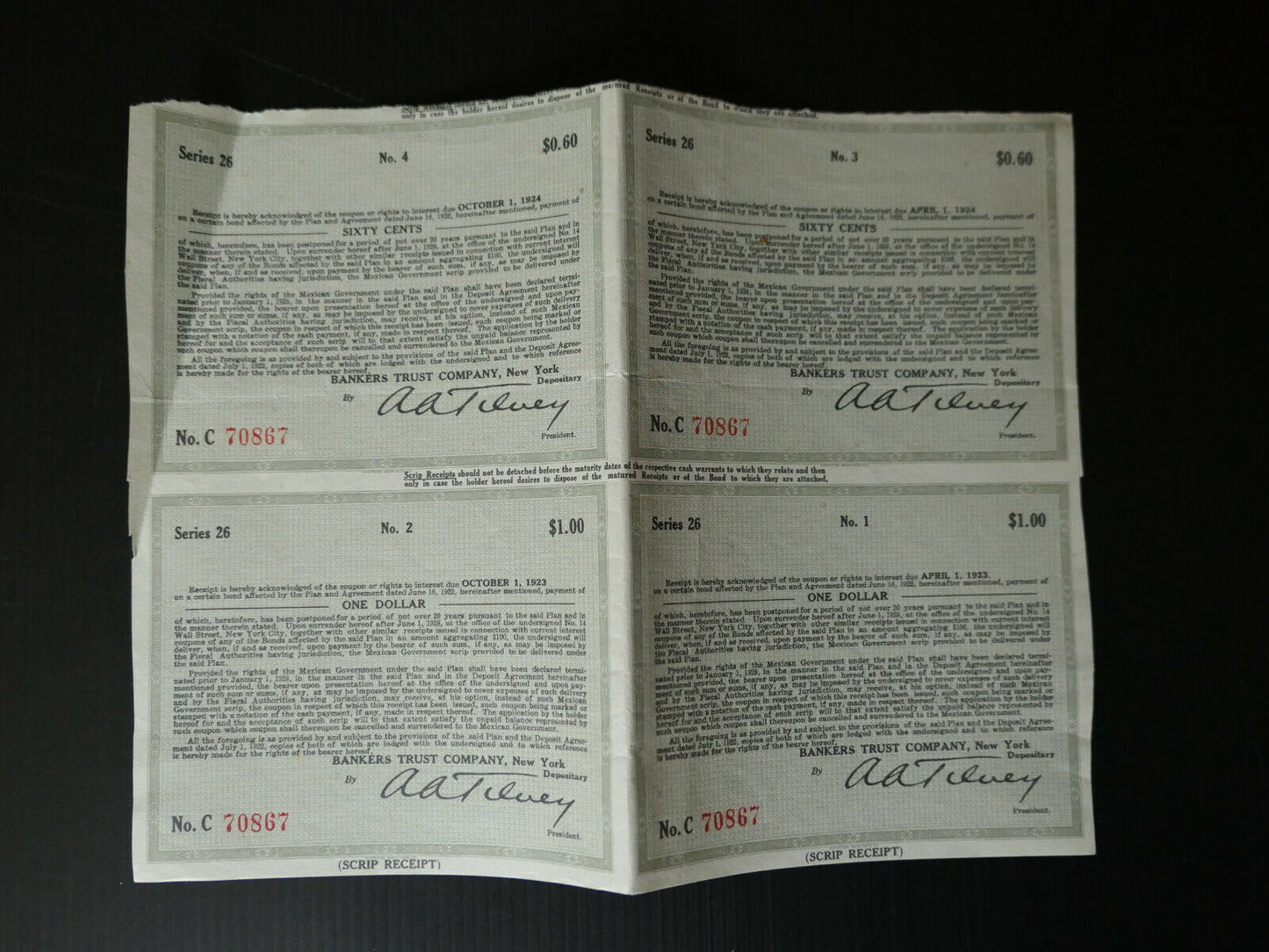 LOT RECEIPT BANKERS TRUST COMPANY 1923 1924 BOND PLAN AND AGREEMENT 1922 USA NY