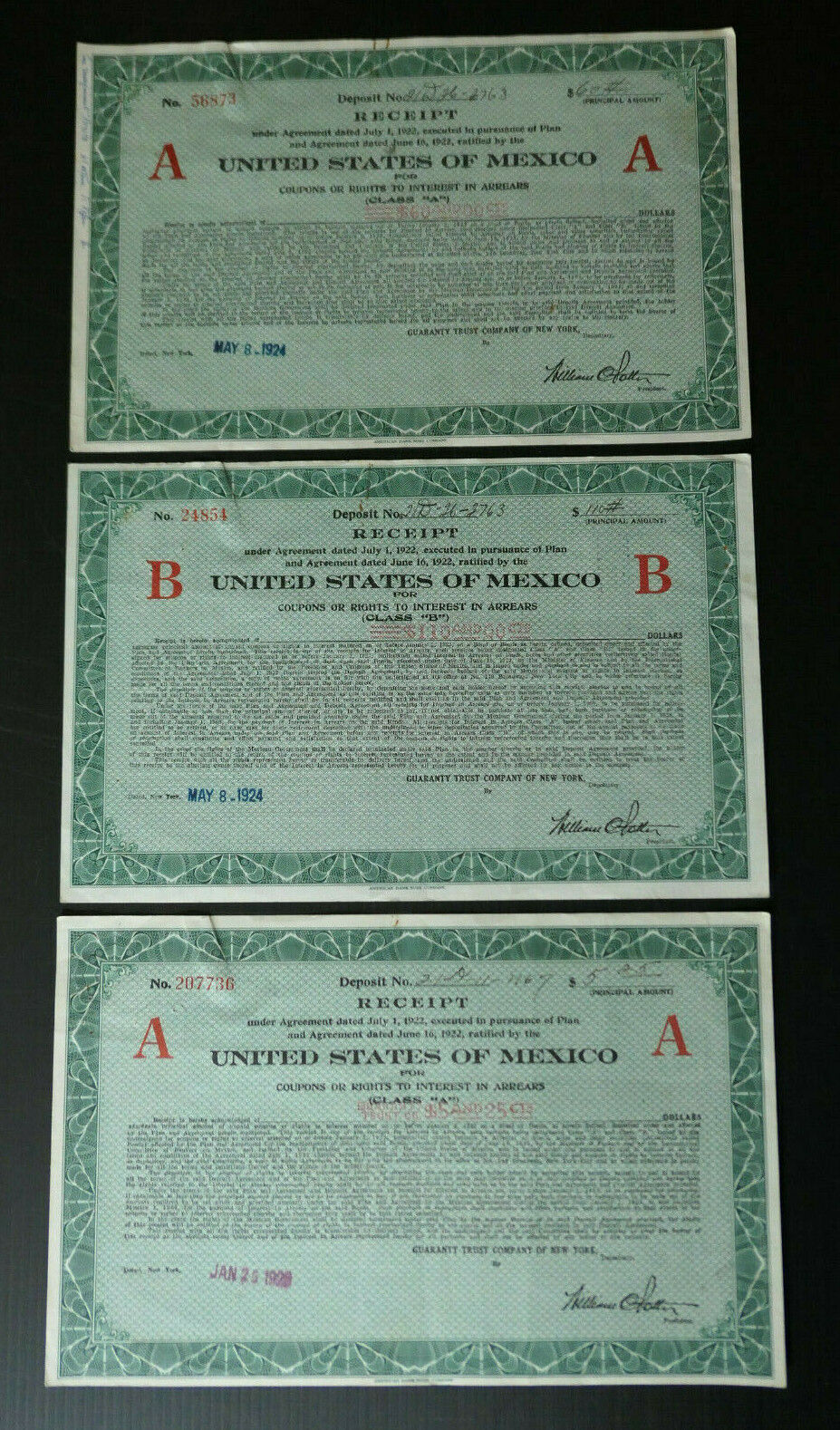 UNITED STATES OF MEXICO LOT RECEIPT PLAN AND AGREEMENT 1922 TRUST COMPANY NY