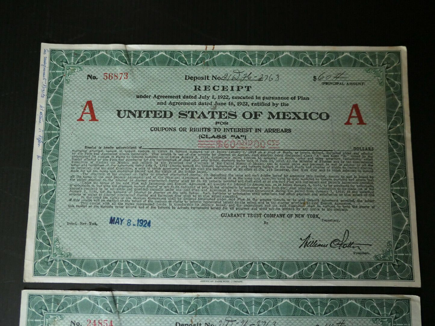 UNITED STATES OF MEXICO LOT RECEIPT PLAN AND AGREEMENT 1922 TRUST COMPANY NY
