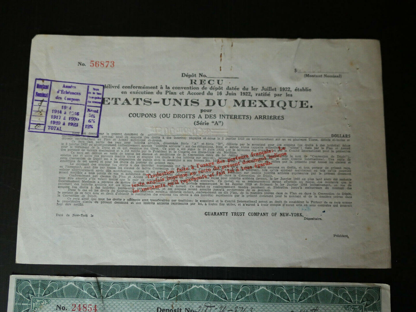 UNITED STATES OF MEXICO LOT RECEIPT PLAN AND AGREEMENT 1922 TRUST COMPANY NY