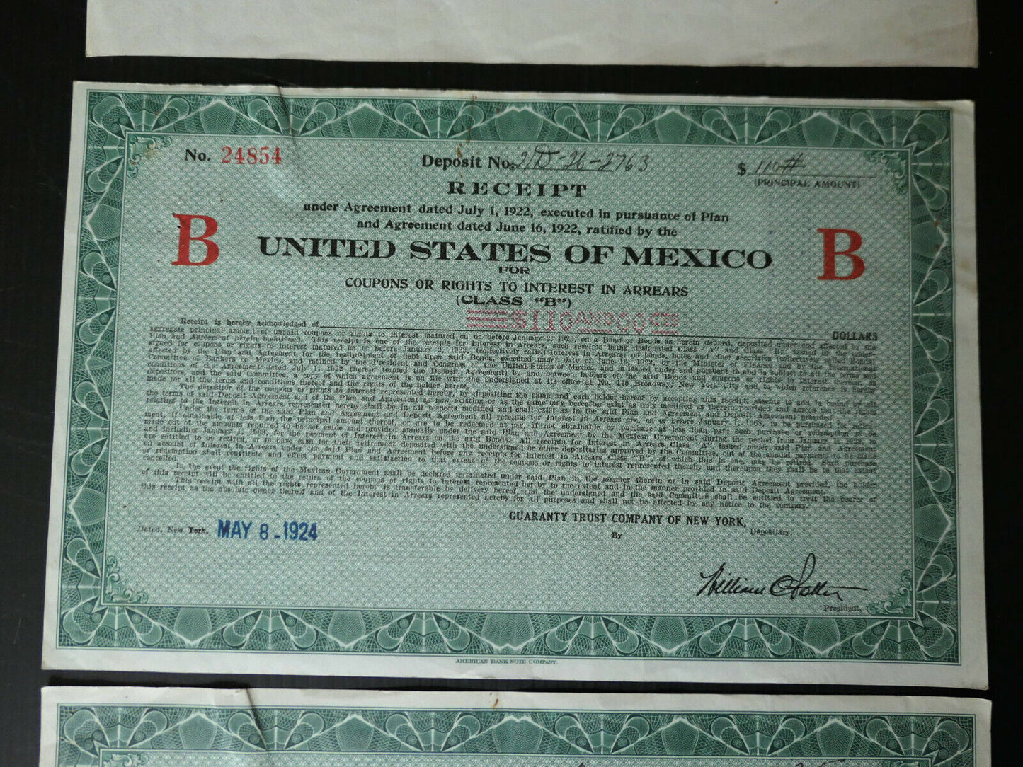 UNITED STATES OF MEXICO LOT RECEIPT PLAN AND AGREEMENT 1922 TRUST COMPANY NY