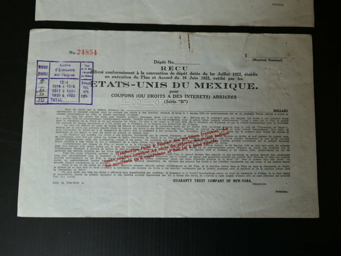 UNITED STATES OF MEXICO LOT RECEIPT PLAN AND AGREEMENT 1922 TRUST COMPANY NY