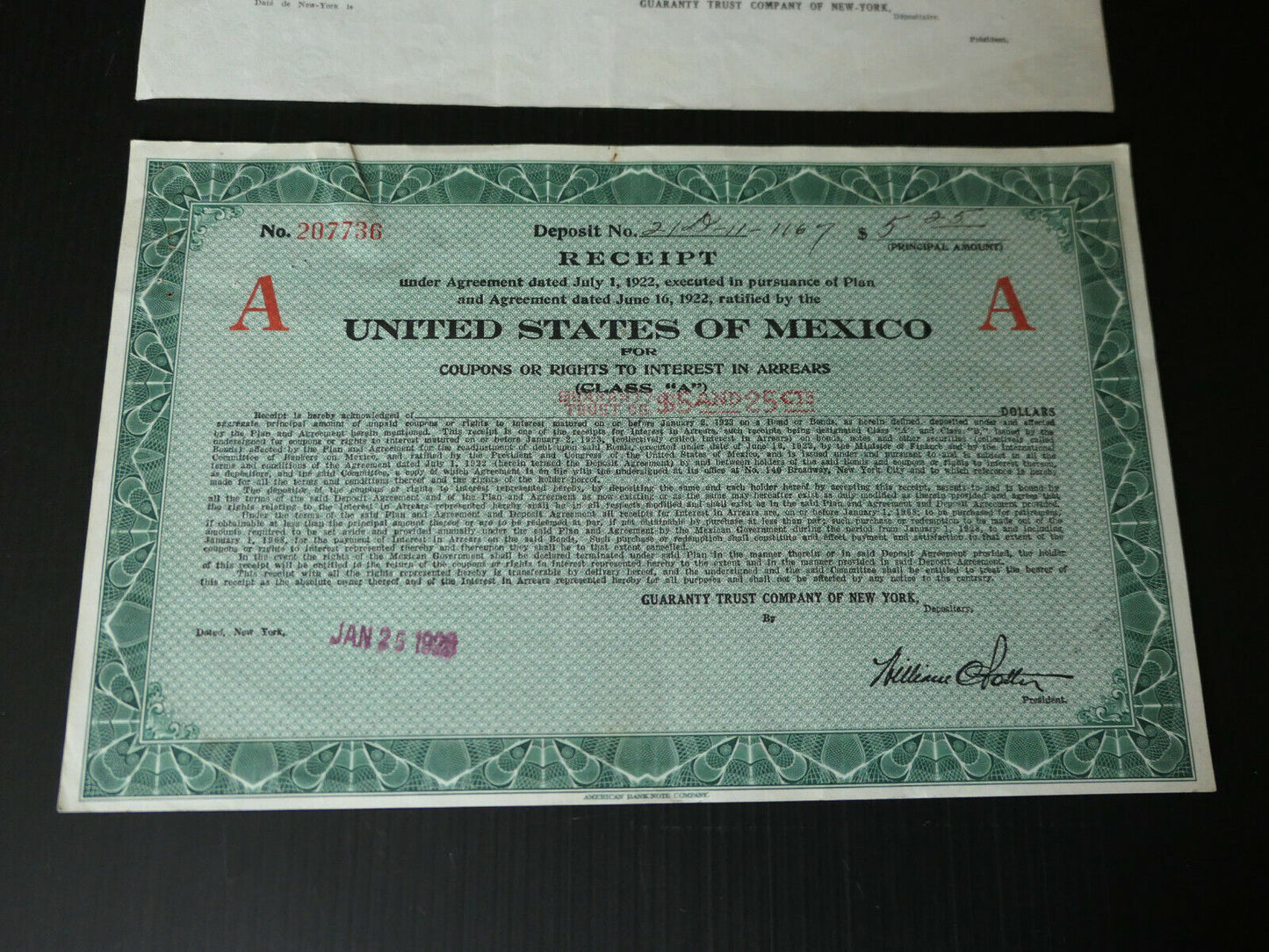 UNITED STATES OF MEXICO LOT RECEIPT PLAN AND AGREEMENT 1922 TRUST COMPANY NY