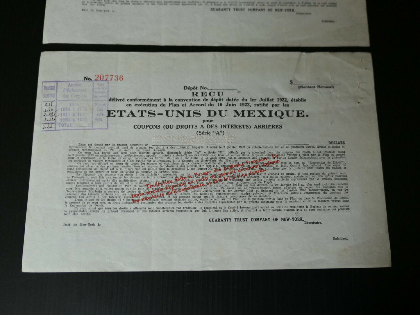 UNITED STATES OF MEXICO LOT RECEIPT PLAN AND AGREEMENT 1922 TRUST COMPANY NY
