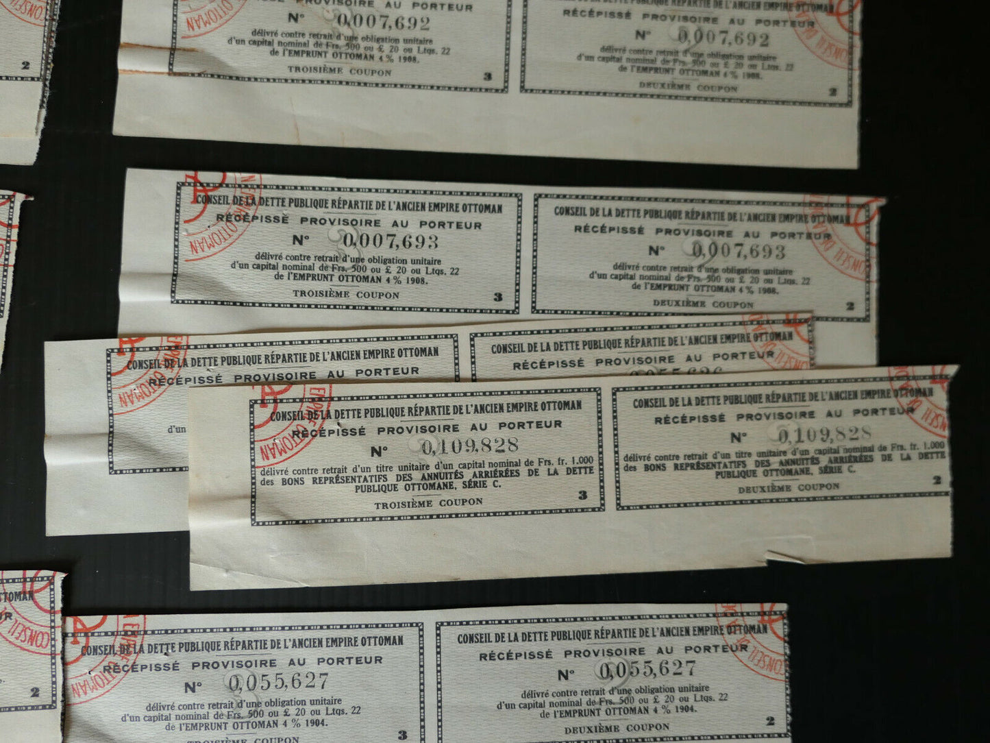DETTE PUBLIQUE ANCIEN EMPIRE OTTOMAN TURQUIE LOT DE RECEPISSES AU PORTEUR TURKEY