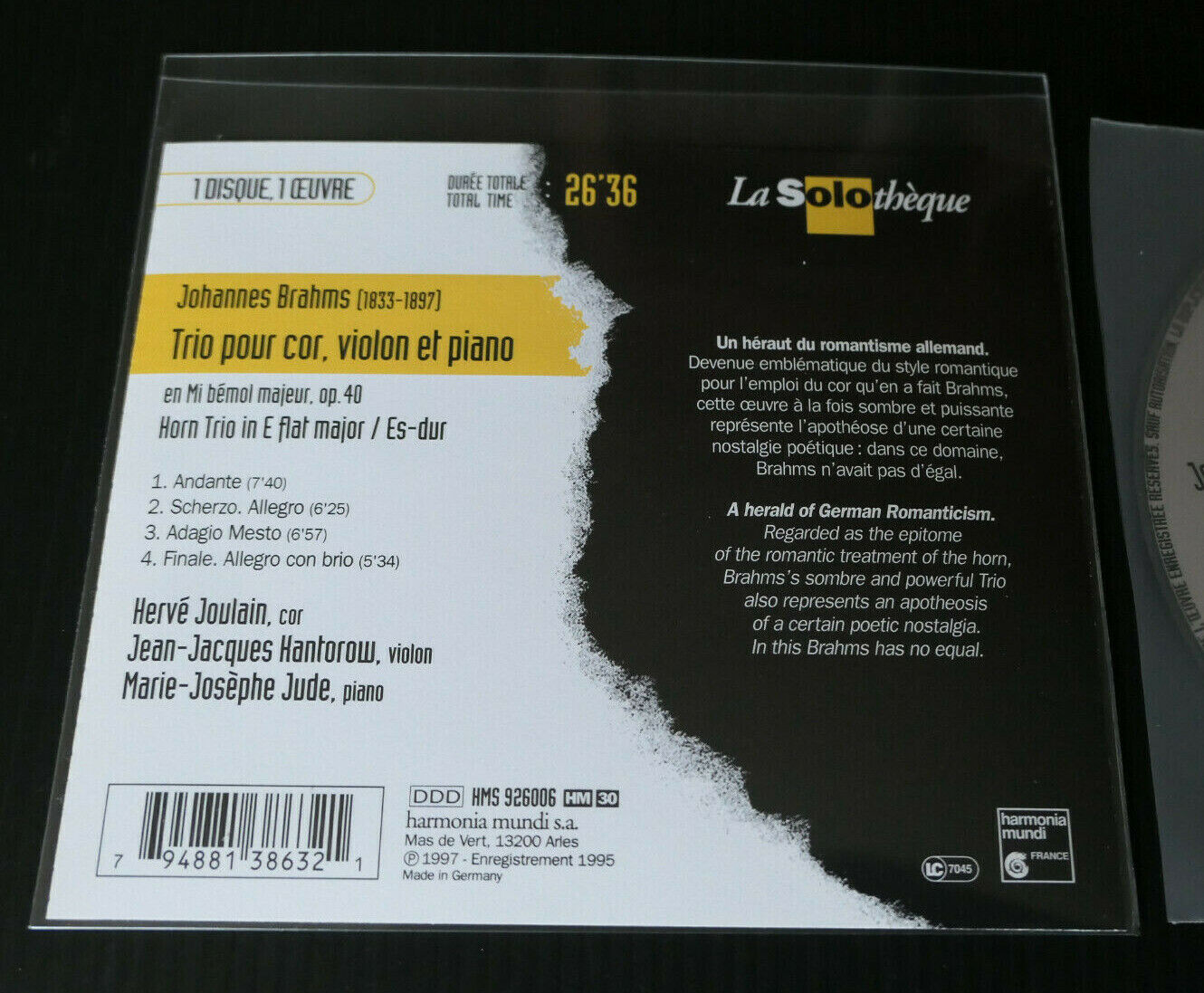 CD JOHANNES BRAHMS TRIO POUR COR VIOLON ET PIANO / HARMONIA MUNDI 1997