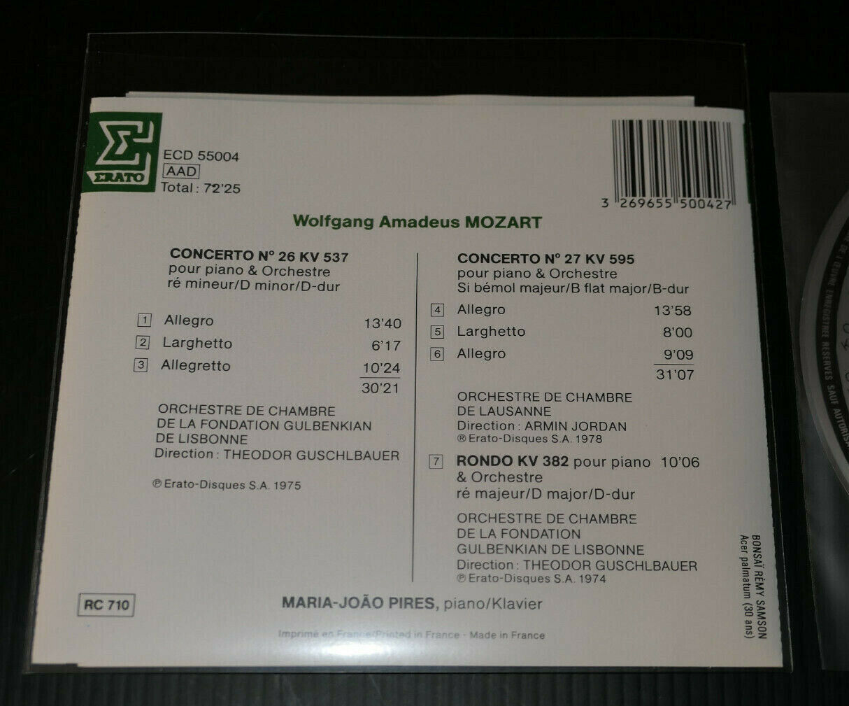 CD MOZART CONCERTOS POUR PIANO / GUSCHLBAUER / JORDAN / MARIA JOAO PIRES / ERATO