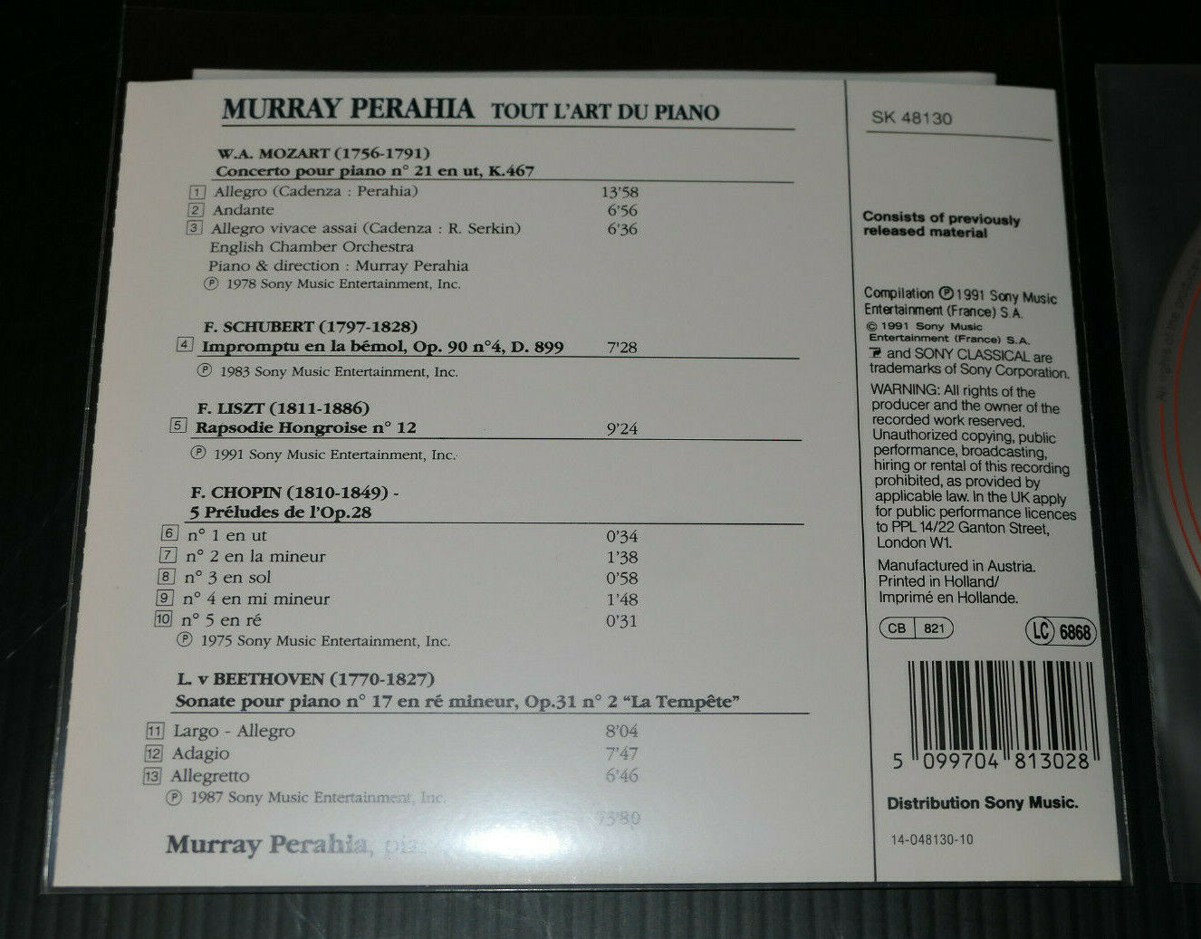 CD MURRAY PERAHIA / TOUT L'ART DU PIANO / MOZART BEETHOVEN SCHUBERT CHOPIN LISZT