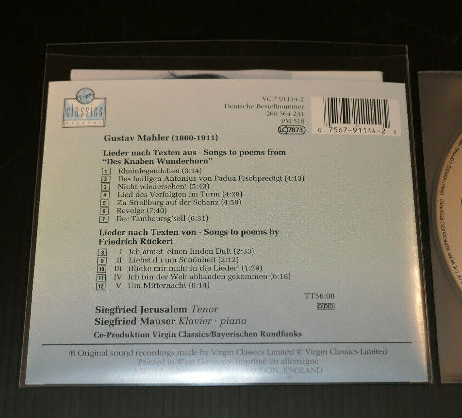CD GUSTAV MAHLER / SIEGFRIED JERUSALEM TENOR / SIEGFRIED MAUSER PIANO / 1990