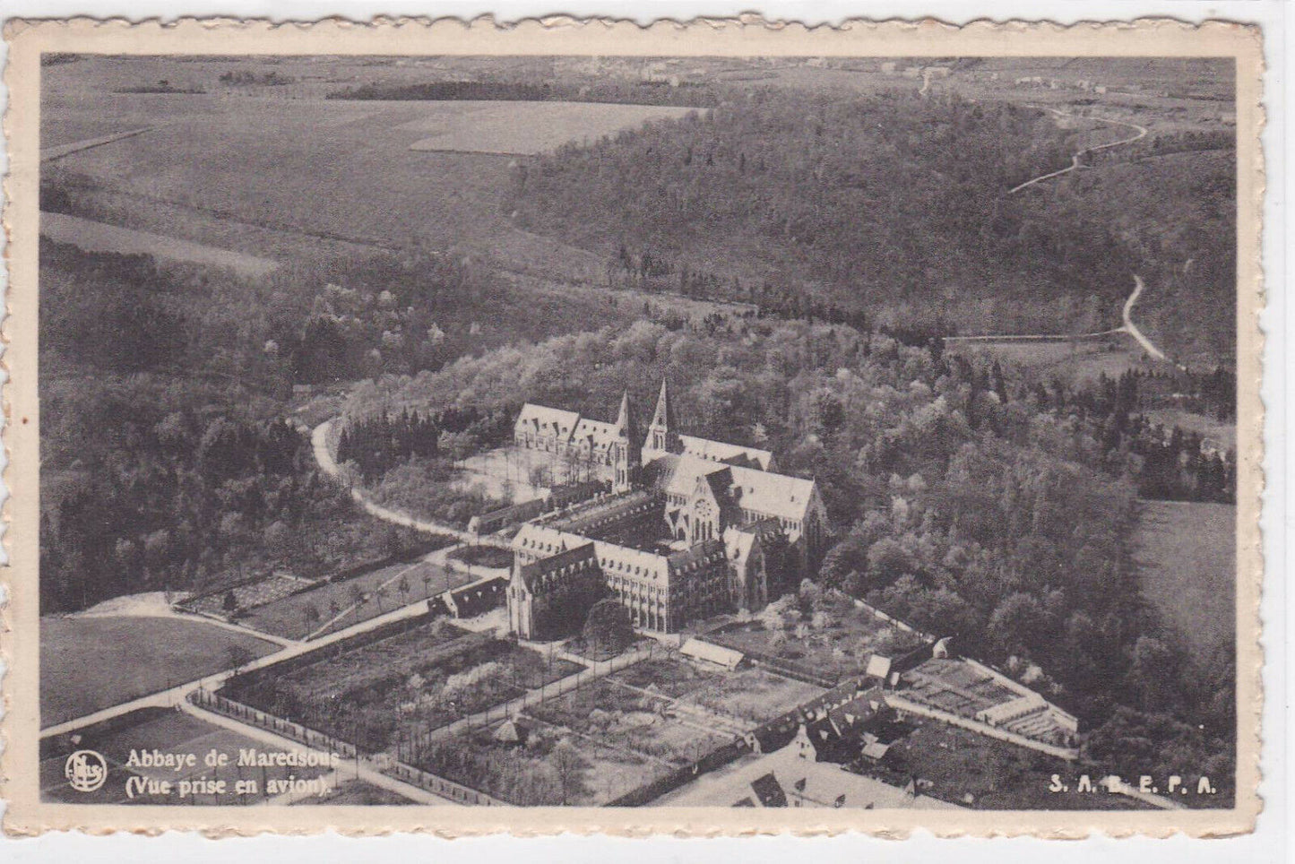 CARTE POSTALE ANCIENNE NOIR & BLANC CPA ABBAYE DE MAREDSOUS VUE PRISE EN AVION