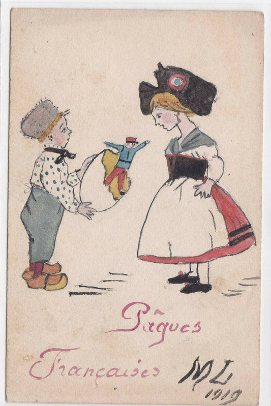 CARTE POSTALE ANCIENNE COULEUR CPA PAQUES FRANCAISES HANDPAINTED 1919