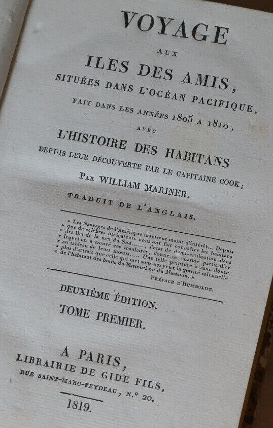 VOYAGE AUX ILES DES AMIS / WILLIAM MARINER / DE GIDE 1819 HISTOIRE MARINE VOYAGE