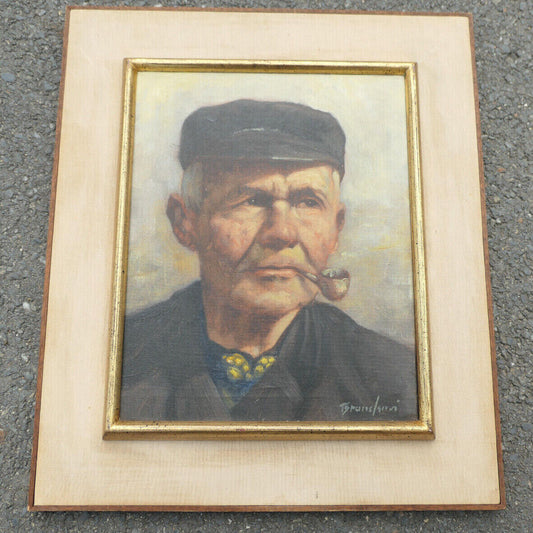 TABLEAU SIGNE PEINTURE HST PORTRAIT HOMME PAYSAN A LA PIPE / SIGNED