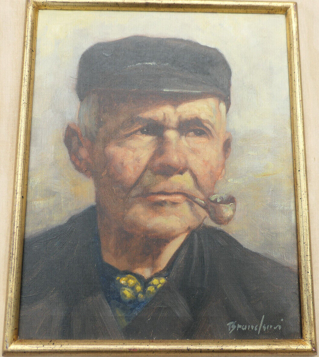 TABLEAU SIGNE PEINTURE HST PORTRAIT HOMME PAYSAN A LA PIPE / SIGNED