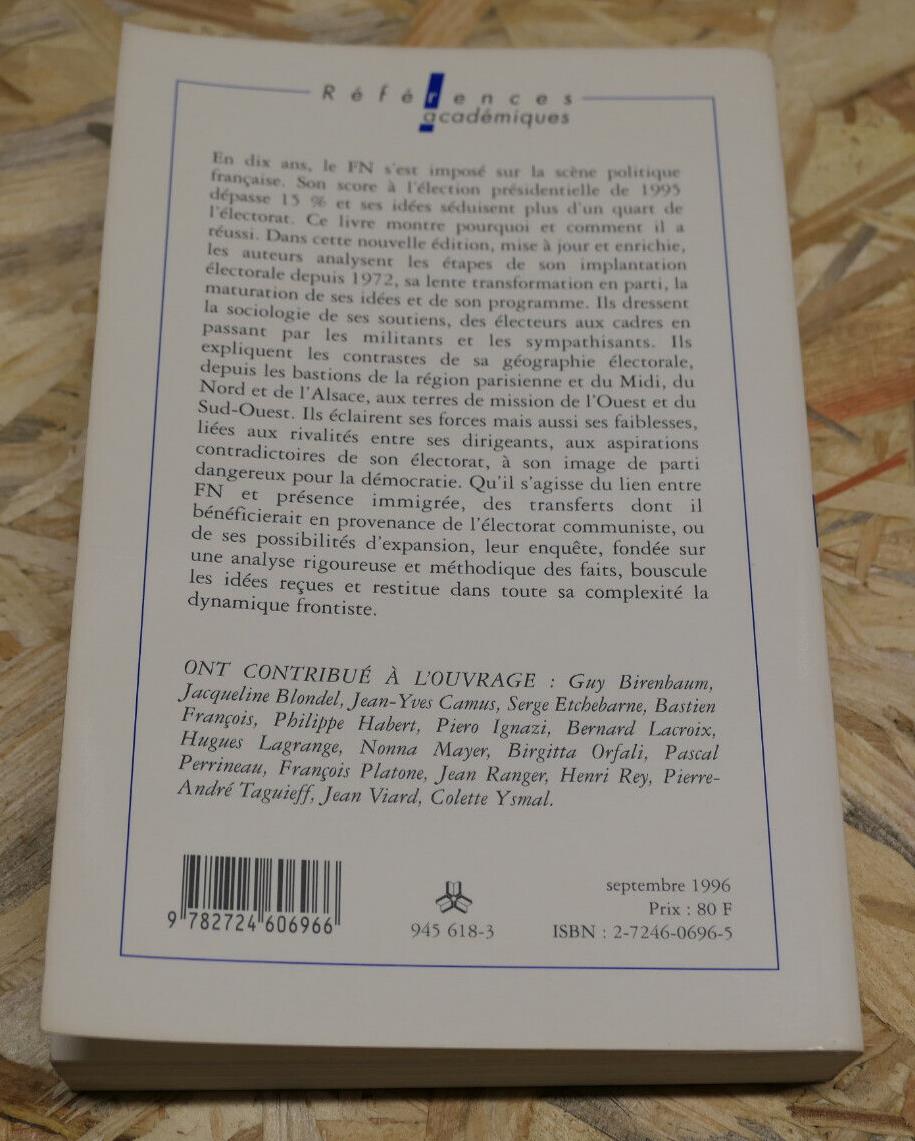 LE FRONT NATIONAL A DECOUVERT PRESSES DE SCIENCES PO 1996 HISTOIRE POLITIQUE FN