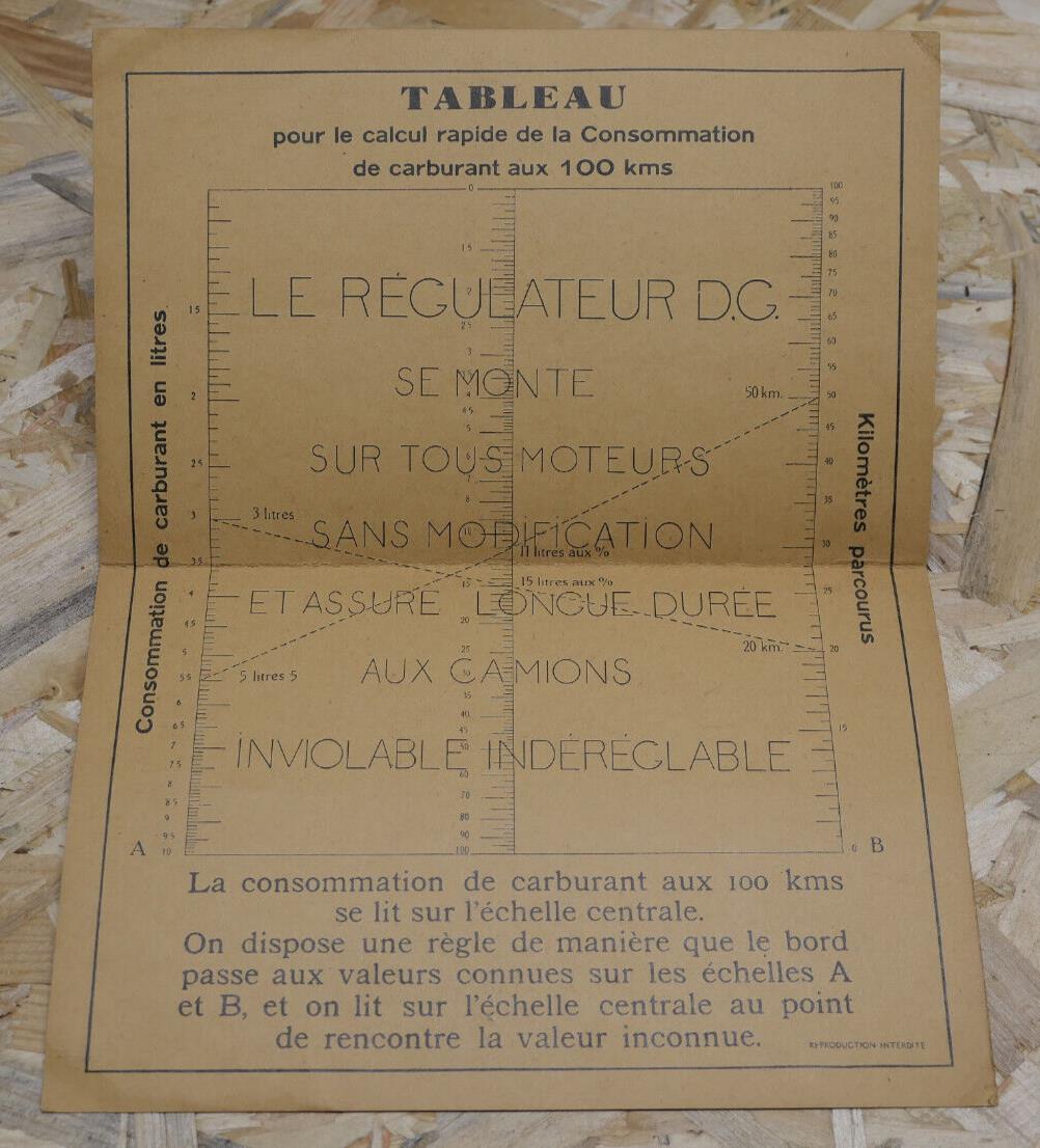 ANCIEN TABLEAU CALCUL CONSOMMATION CARBURANT ROLLET & CIE AUTOMOBILIA