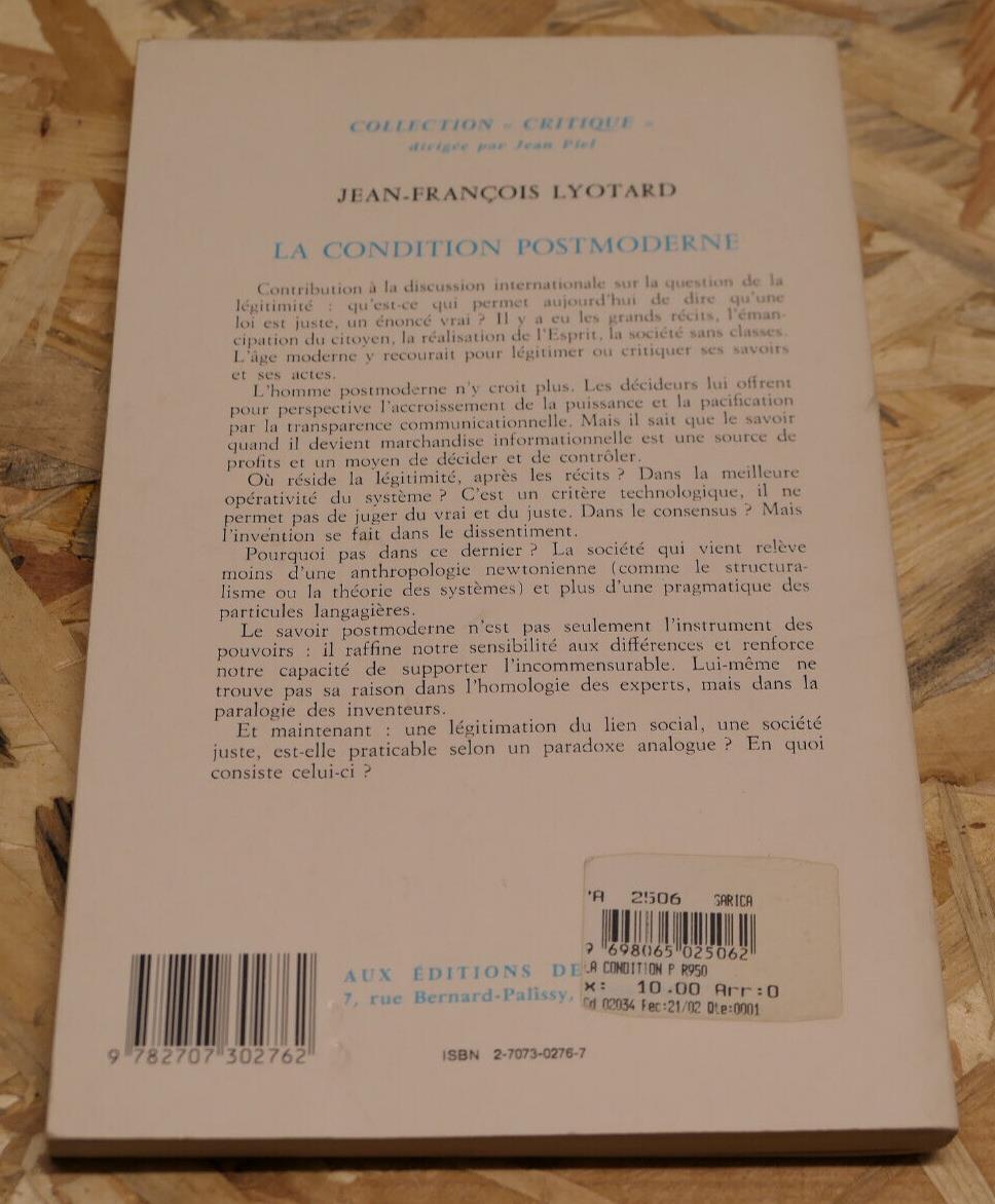 LA CONDITION POSTMODERNE / JEAN-FRANCOIS LYOTARD / LES EDITIONS DE MINUIT 2000