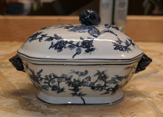 Ancienne Terrine En Faïence Bleue Asiatique Asie Chine Tsaï Époque À Identifier