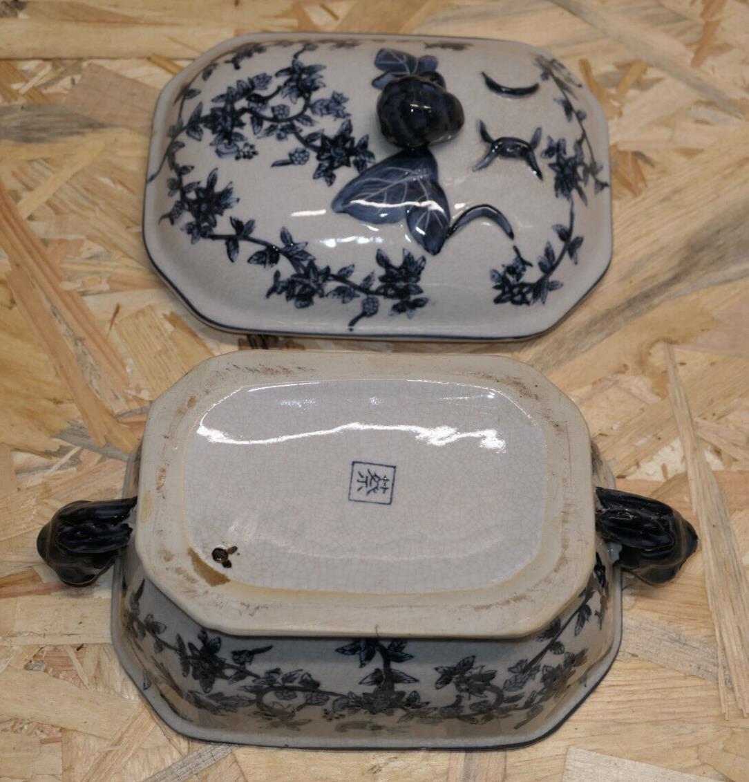 Ancienne Terrine En Faïence Bleue Asiatique Asie Chine Tsaï Époque À Identifier