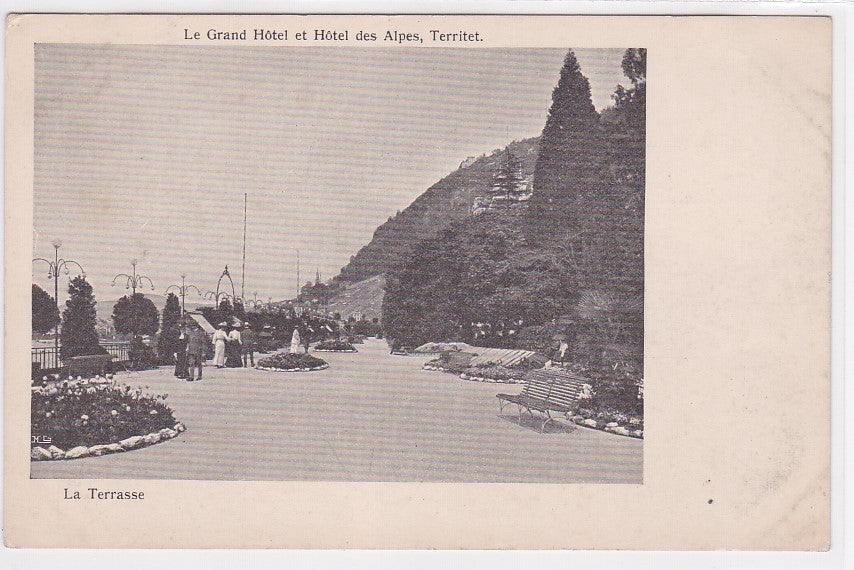 Old Postcard CPA The Grand Hotel and Hotel Des Alpes, Territet - La Terrasse