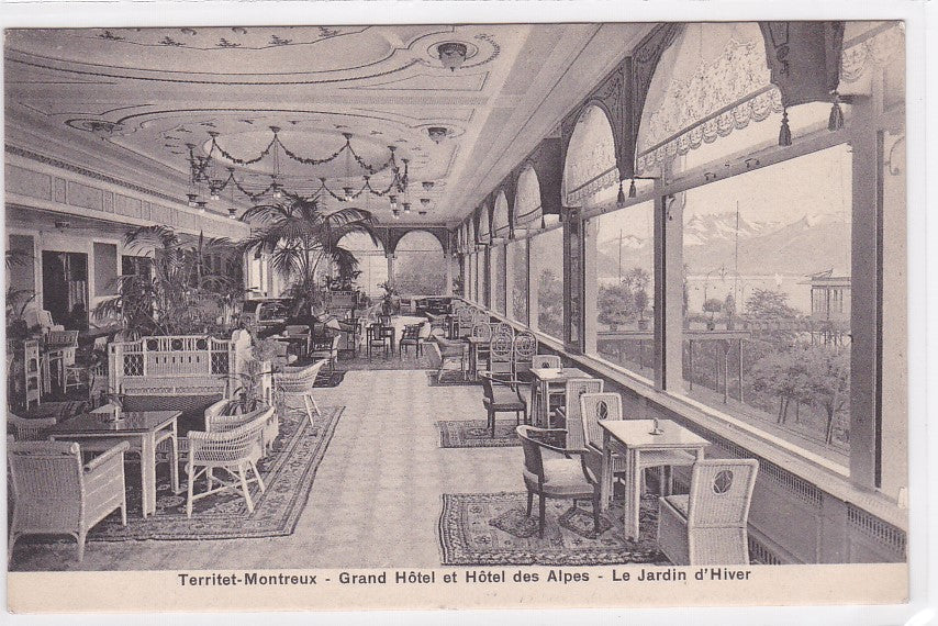 Old Postcard CPA Switzerland - Territet-Montreux - Grand Hotel and Hotel Des Alpes - The Winter Garden