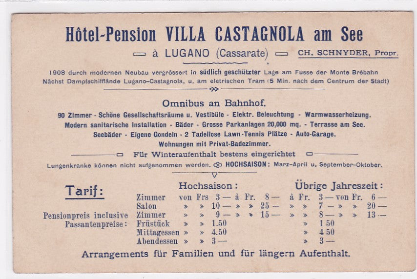Old Postcard CPA Switzerland - Lugano - Hotel - Pension - Villa Castagnola