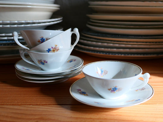 Porcelaine De Limoges - Art-Déco - Lucien Michelaud - Ensemble De 4 Tasses À Thé & Soucoupes