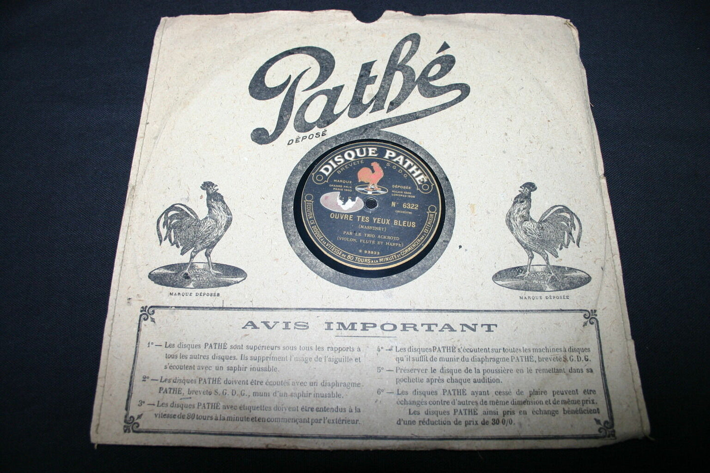 TRIO ACKROYD (VIOLON FLUTE HARPE)   78T   OUVRE TES YEUX BLEUS   RARE PATHE