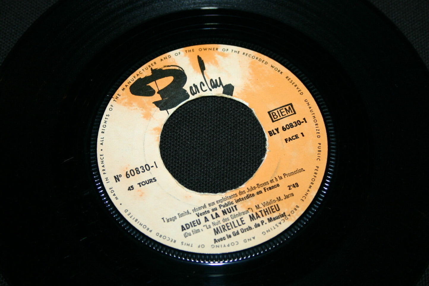 MIREILLE MATHIEU   SP 45T 7"   ADIEU A LA NUIT   PROMO JUKE-BOXE