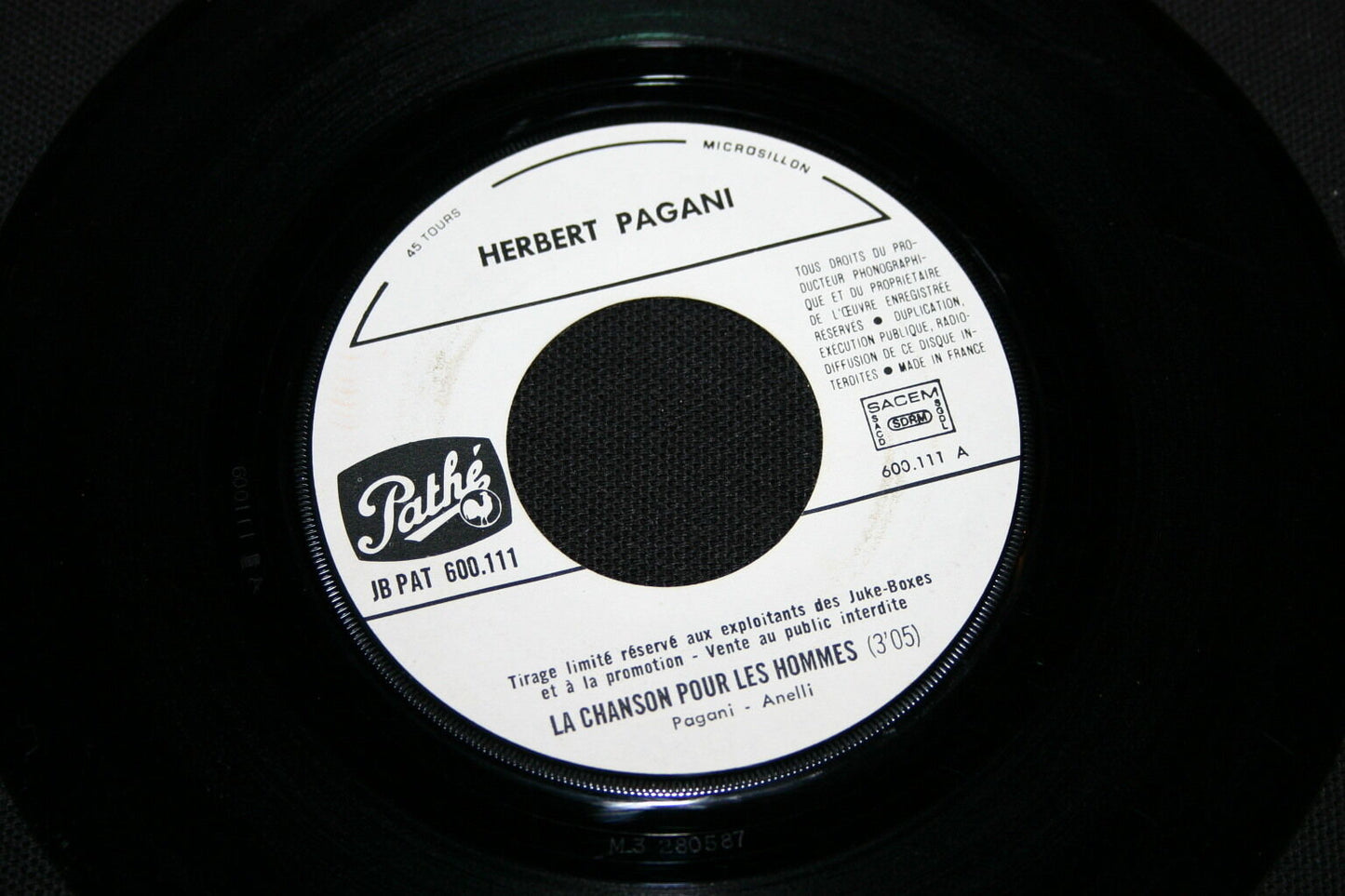 HERBERT PAGANI   SP 45T 7"   LA CHANSON POUR LES HOMMES   JUKE-BOX