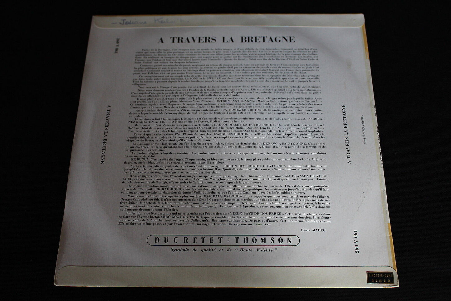 CHORALE Ste ANNE D'AURAY   A TRAVERS LA BRETAGNE   LP 33T 25 CM
