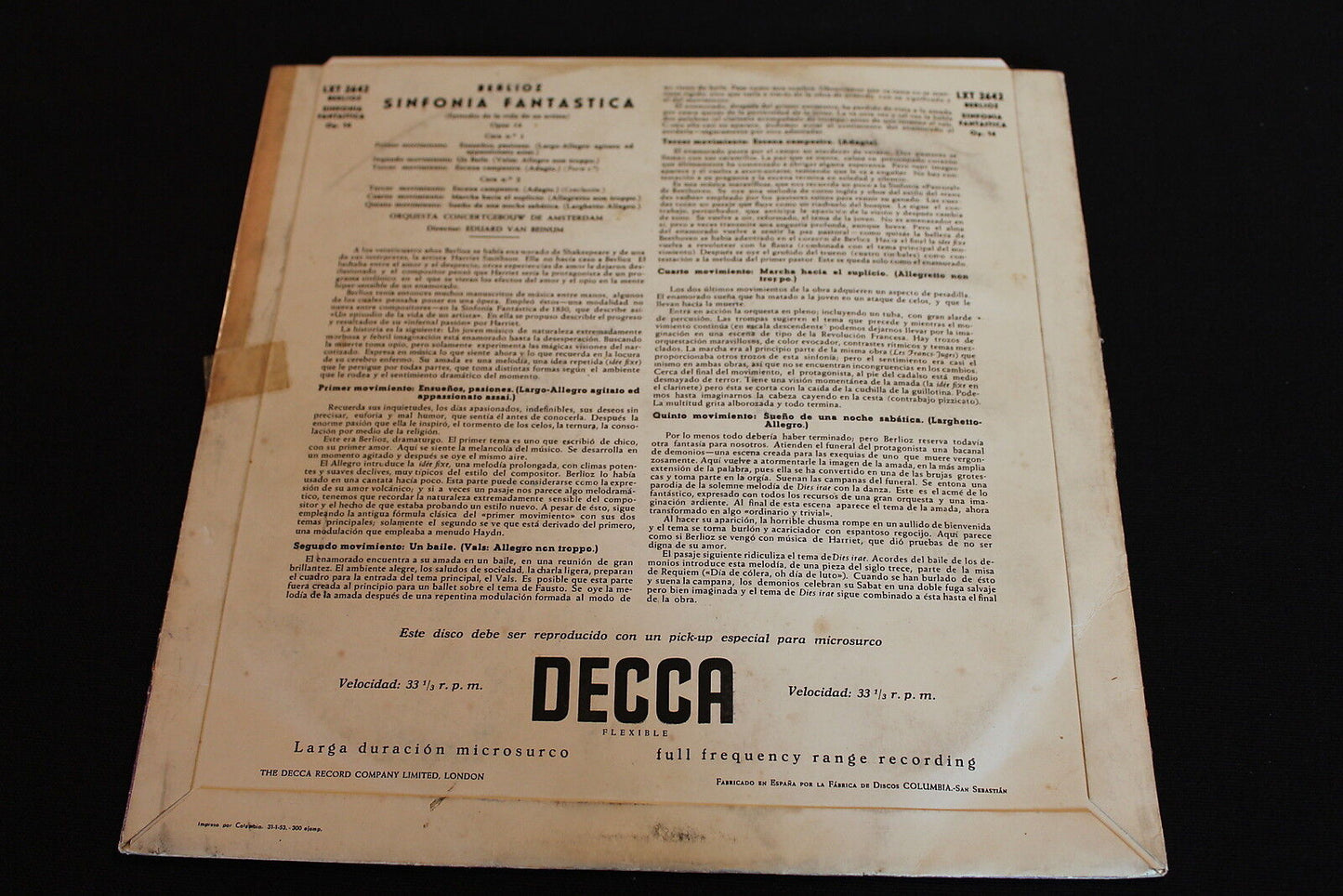 EDUARD VAN BEINUM   BERLIOZ   DECCA SPAIN   LP 33T 12"   RARE 300 ex   1953