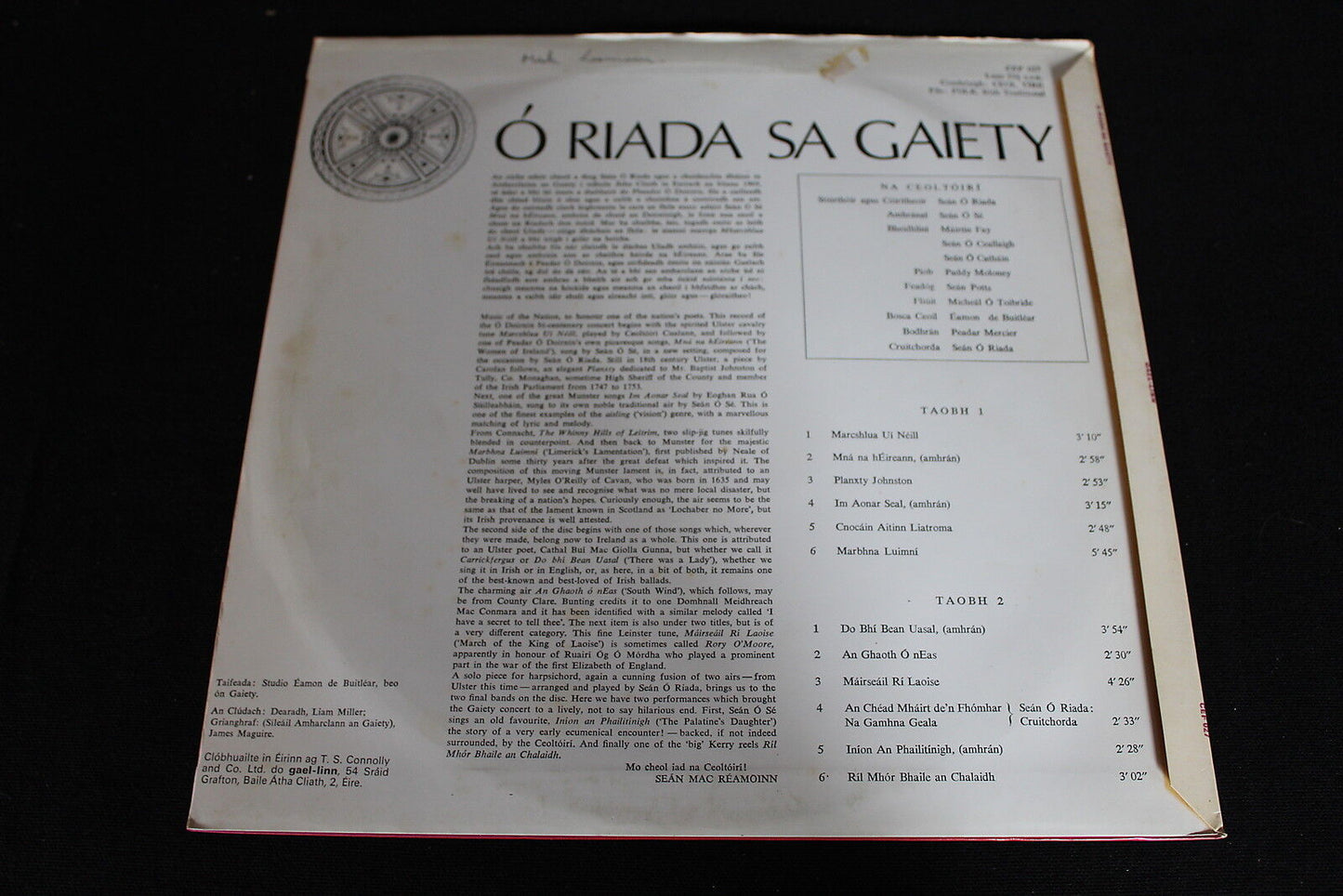 O RIADA SA GAIETY   LE SEAN O SE AGUS CEOLTOIRI CUALANN   GAEL-LINN   LP 33T 12"