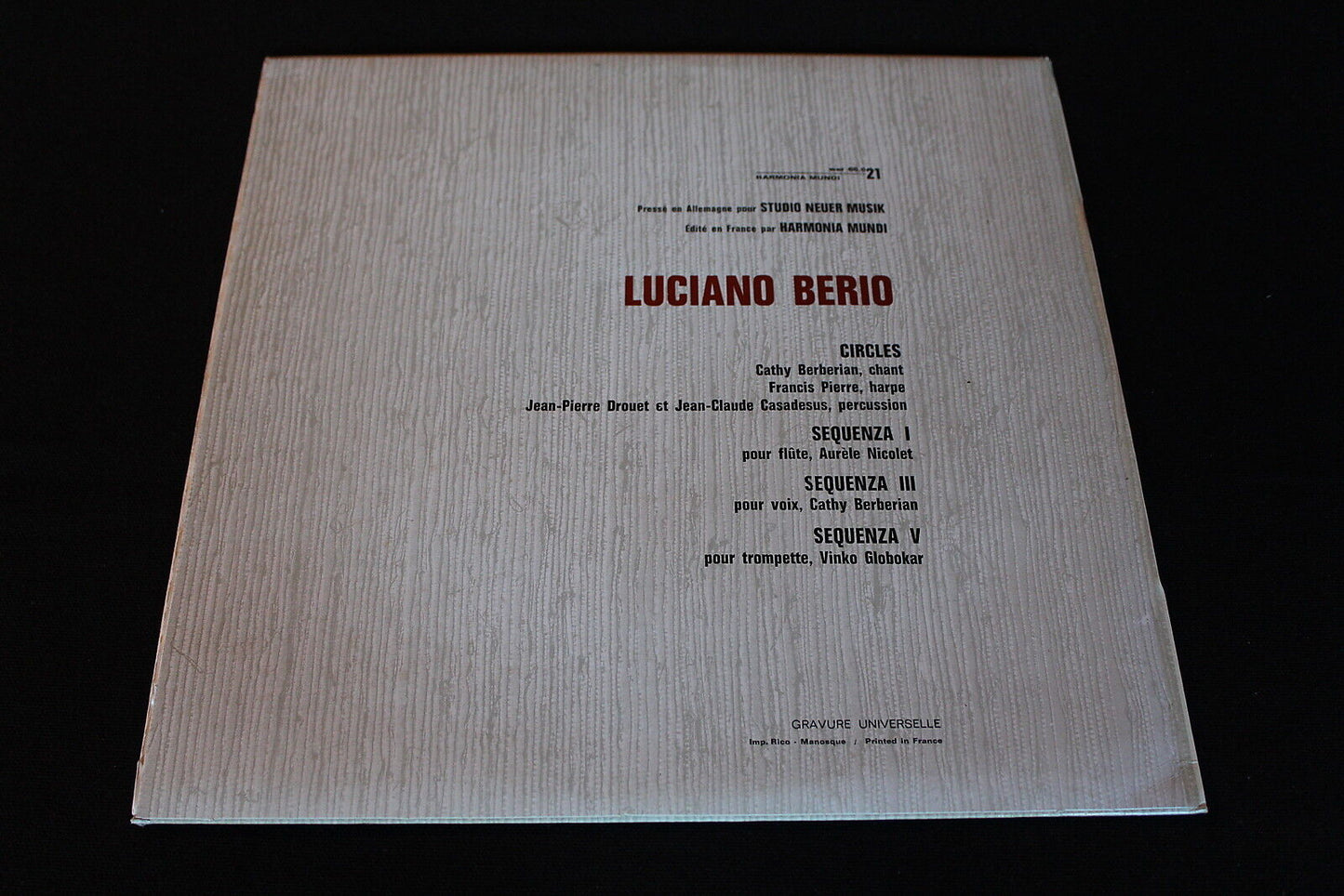 LUCIANO BERIO   LP 33T 12"   STUDIO NEUER MUSIK HARMONIA MUNDI   WER 60021
