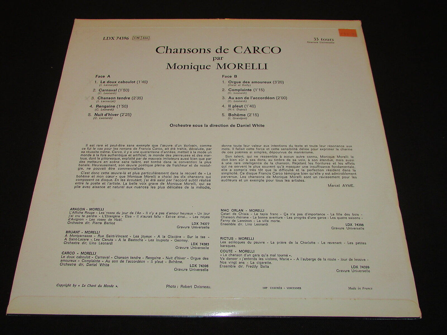 MONIQUE MORELLI   CARCO   LE CHANT DU MONDE LDX 74396   LP 33T 12"