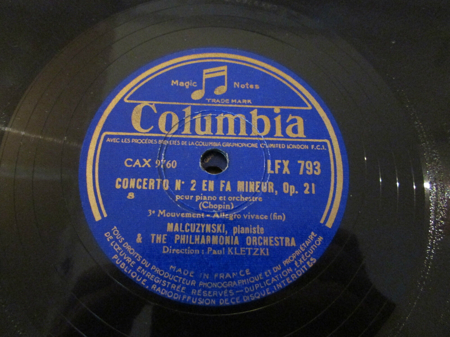 MALCUZYNSKI   PAUL KLETZKI   CHOPIN   CONCERTO N°2   LOT 4 x 78T   COLUMBIA