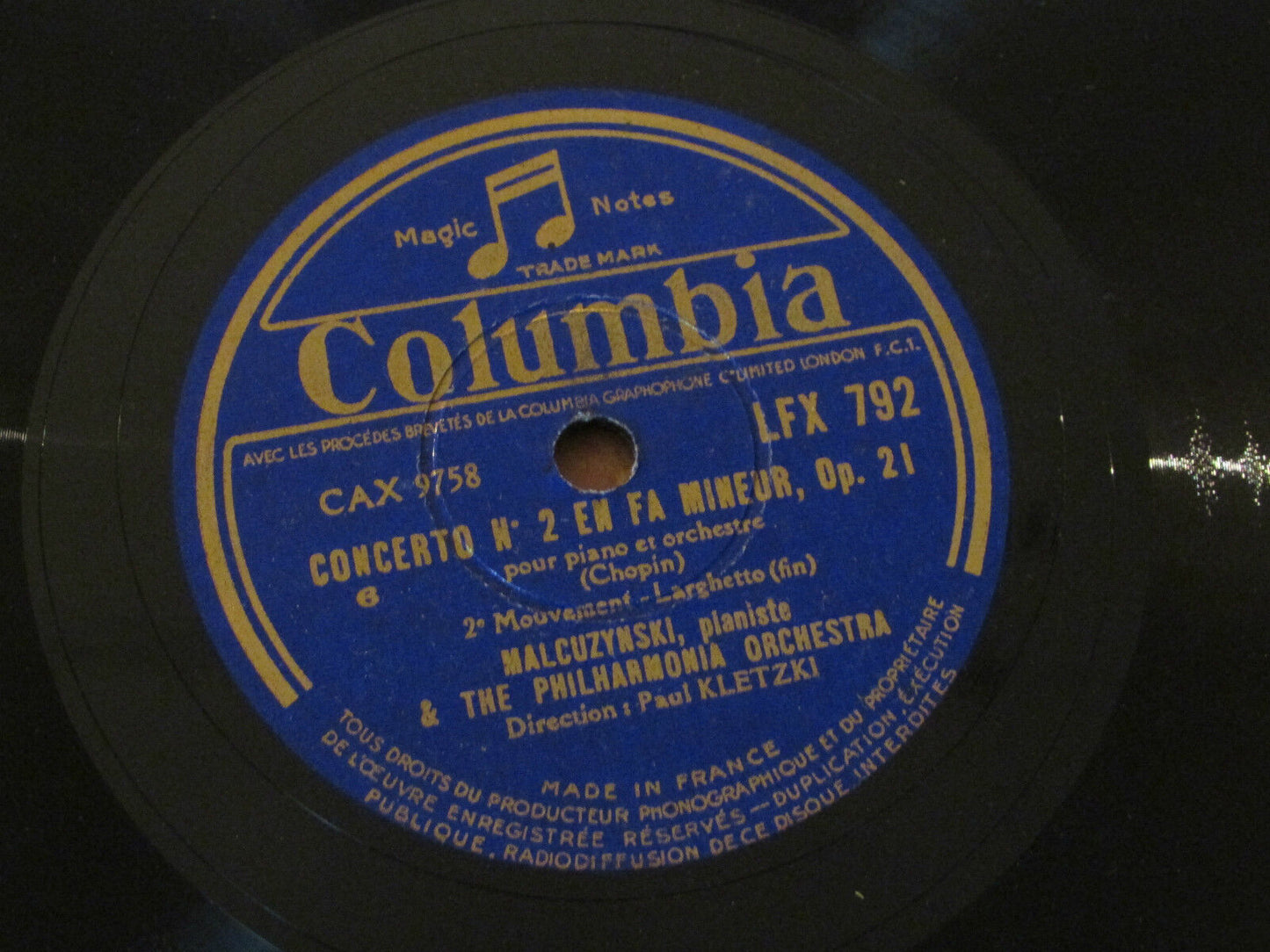 MALCUZYNSKI   PAUL KLETZKI   CHOPIN   CONCERTO N°2   LOT 4 x 78T   COLUMBIA