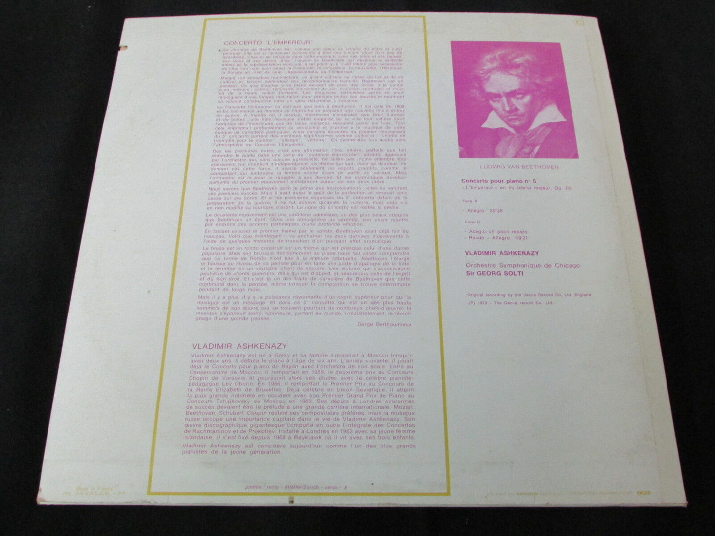 VLADIMIR ASHKENAZY   BEETHOVEN   CONCERTO N°5 "L'EMPEREUR"   LP 33T 12"   DECCA