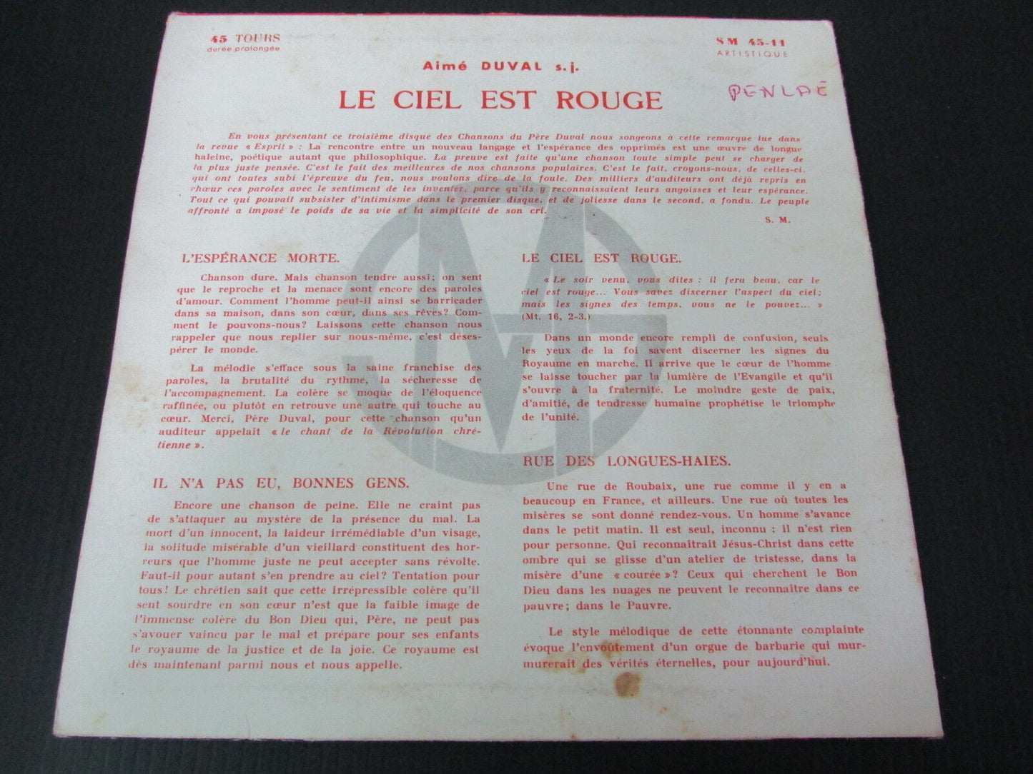 AIME DUVAL   EP 45T 7"   LE CIEL EST ROUGE   SM 45-11
