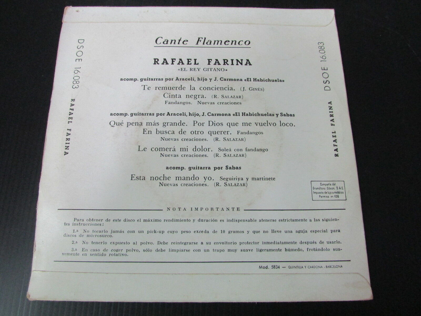RAFAEL FARINA   CANTE FLAMENCO   ODEON   DSOE 16083   EP 45T 7"