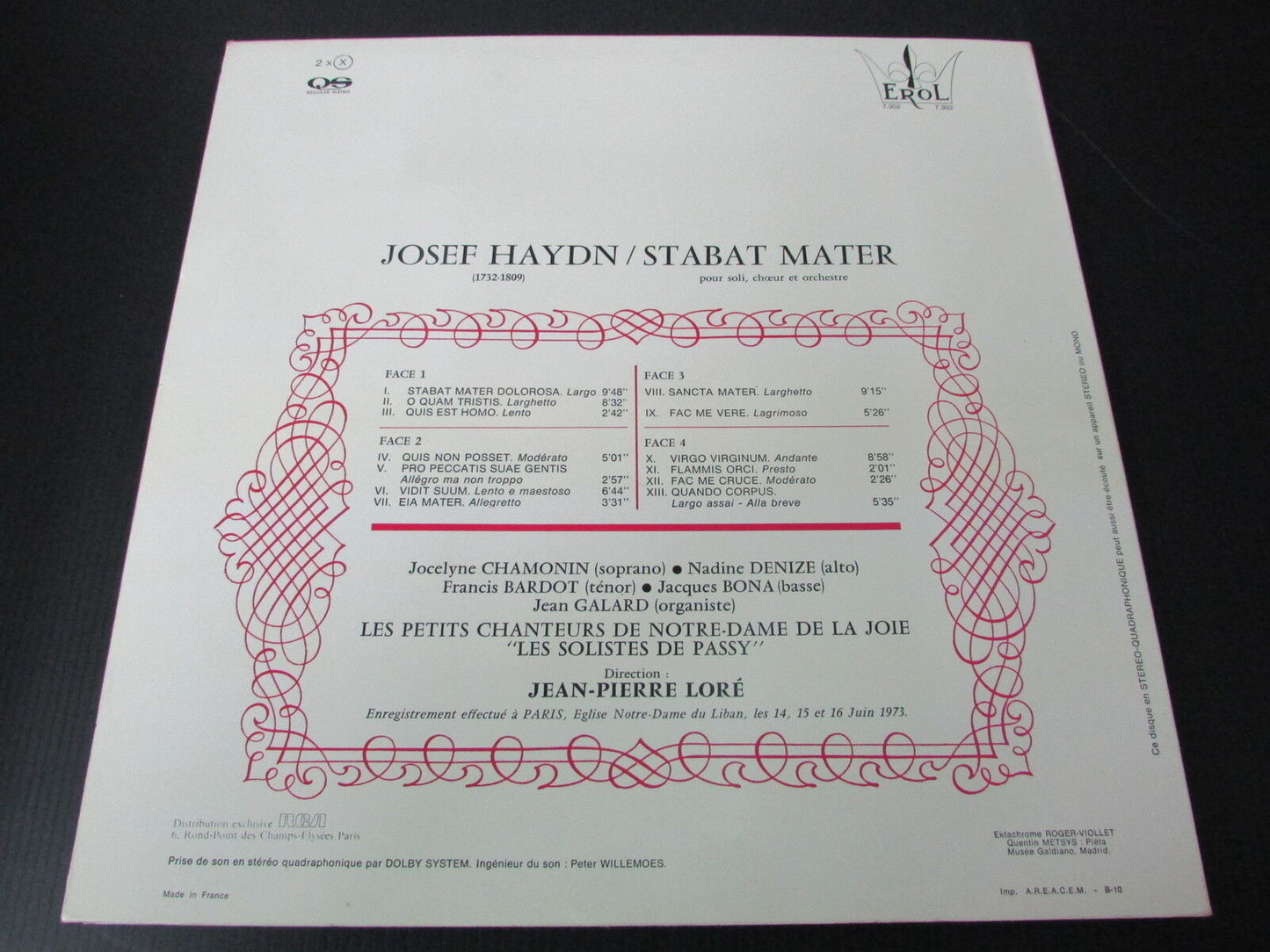 HAYDN   STABAT MATER   JEAN-PIERRE LORE   EROL 7302/03   2 x LP 33T 12"