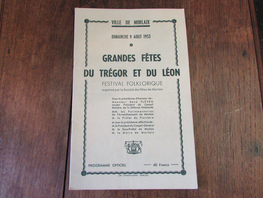 Ancien Programme 1953 GRANDES FETES DU TREGOR ET DU LEON MORLAIX