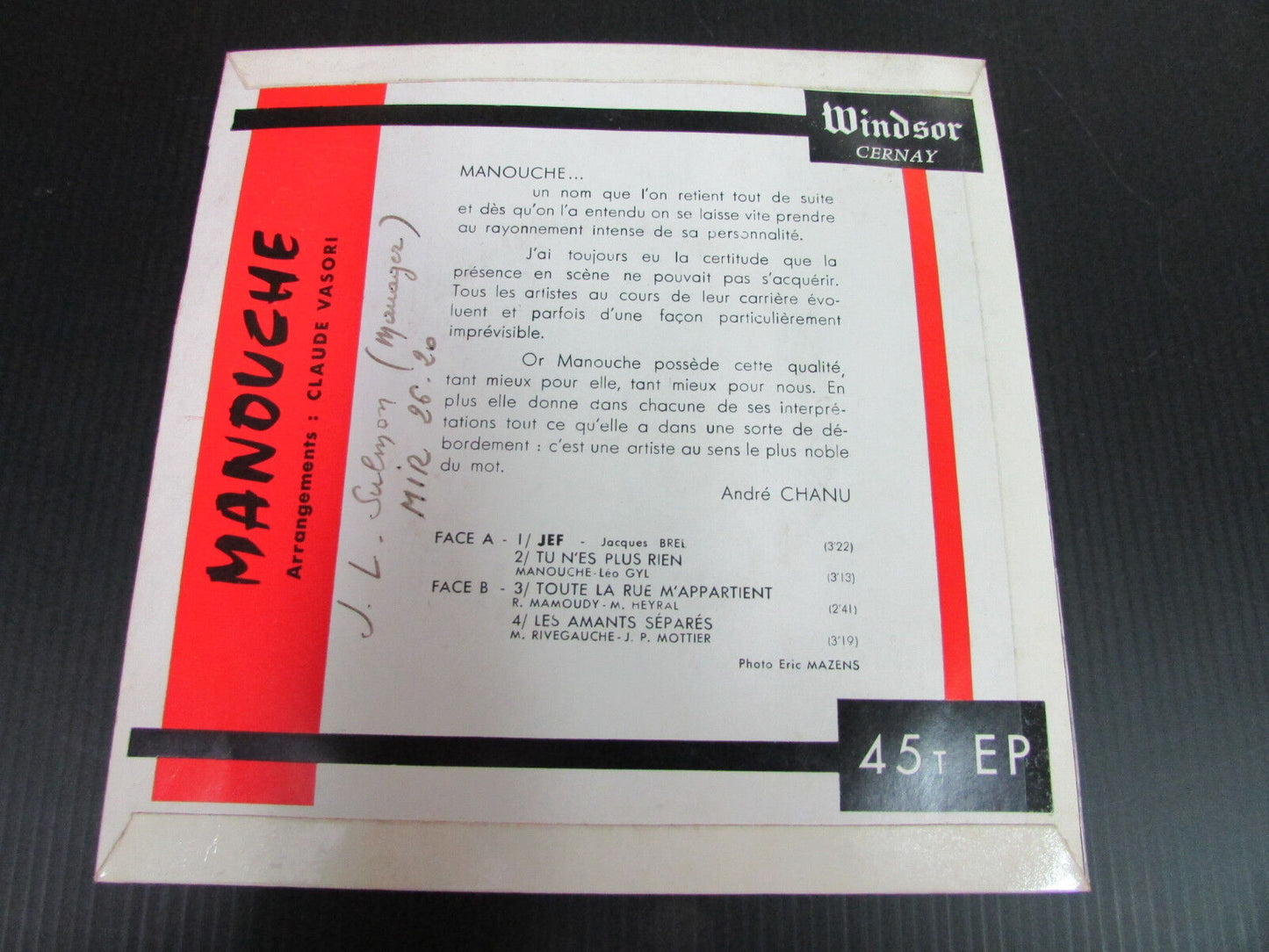 RARE EP 45T 7" MANOUCHE JEF +3 WINDSOR CERNAY WIN 3027