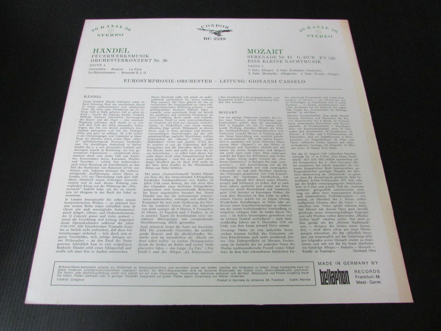 HANDEL / MOZART   LP 33T 12"   GIOVANNI CASSELO   CONDOR BC 2219   GERMANY