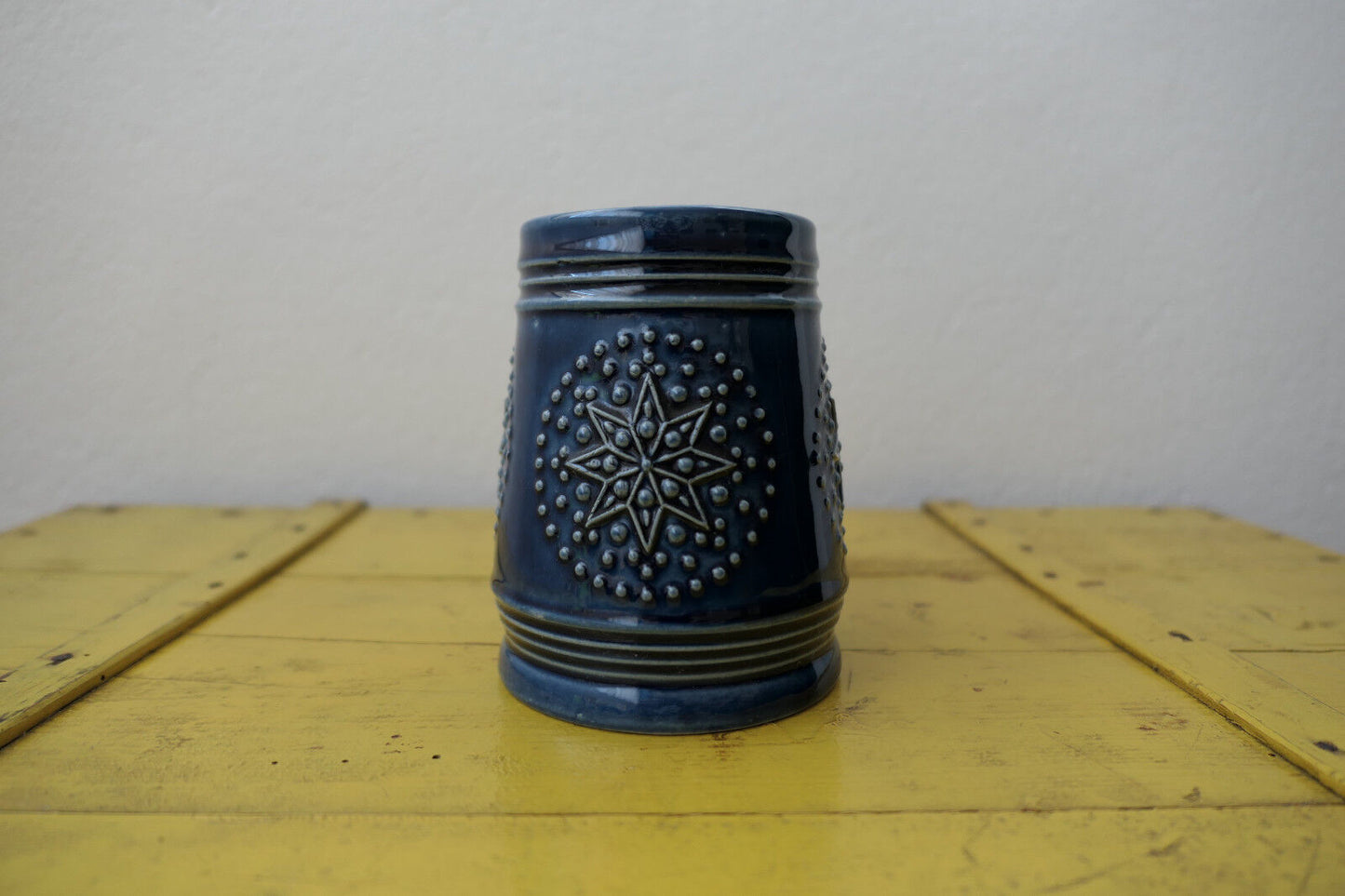 OLD BEER MUG BLUE ENAMEL STONEWARE MR MARZI REMY EARLY 20TH CENTURY