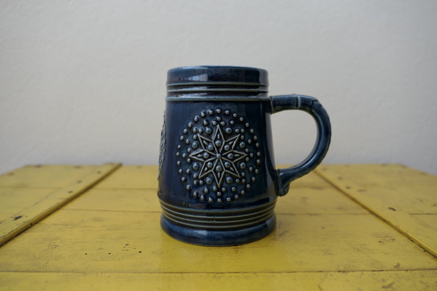 OLD BEER MUG BLUE ENAMEL STONEWARE MR MARZI REMY EARLY 20TH CENTURY